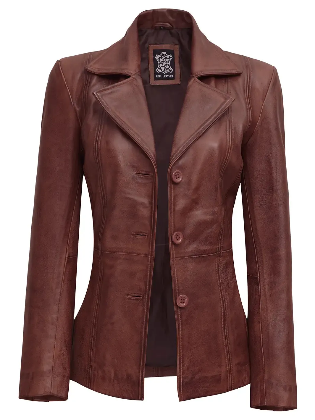 Womens Cognac Brown Leather Blazer