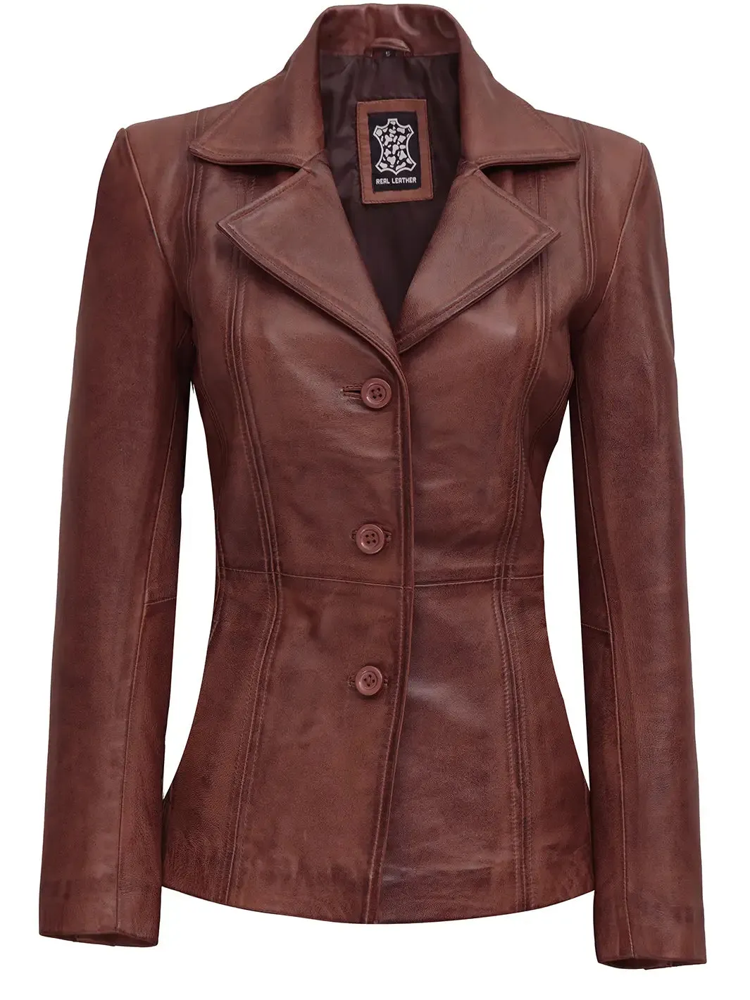 Womens Cognac Brown Leather Blazer