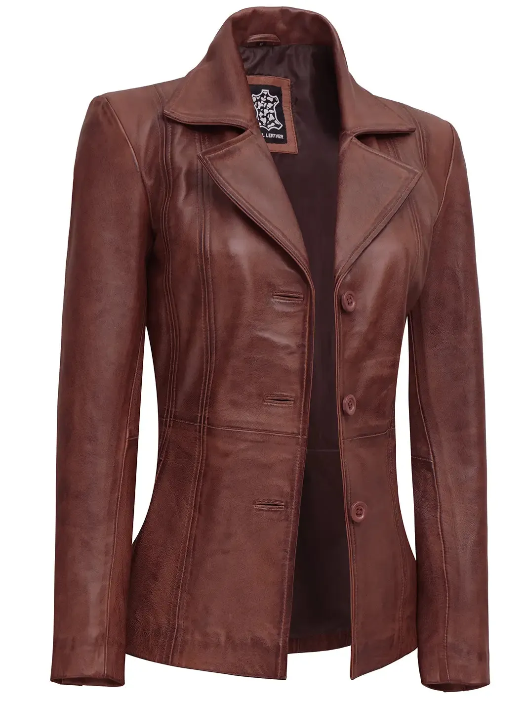 Womens Cognac Brown Leather Blazer