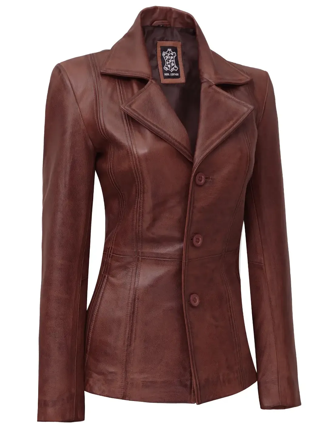 Womens Cognac Brown Leather Blazer