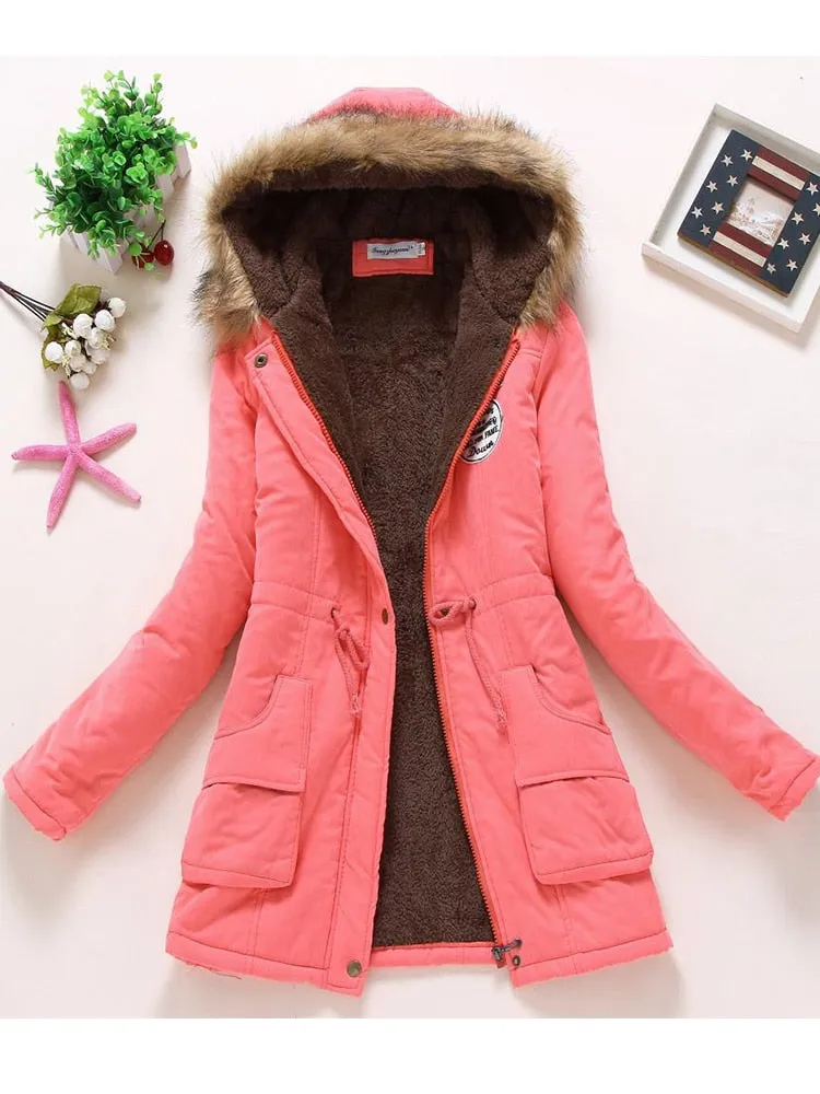 Women's Cotton Wadded Military Style Coat Hooded Fur Jacket