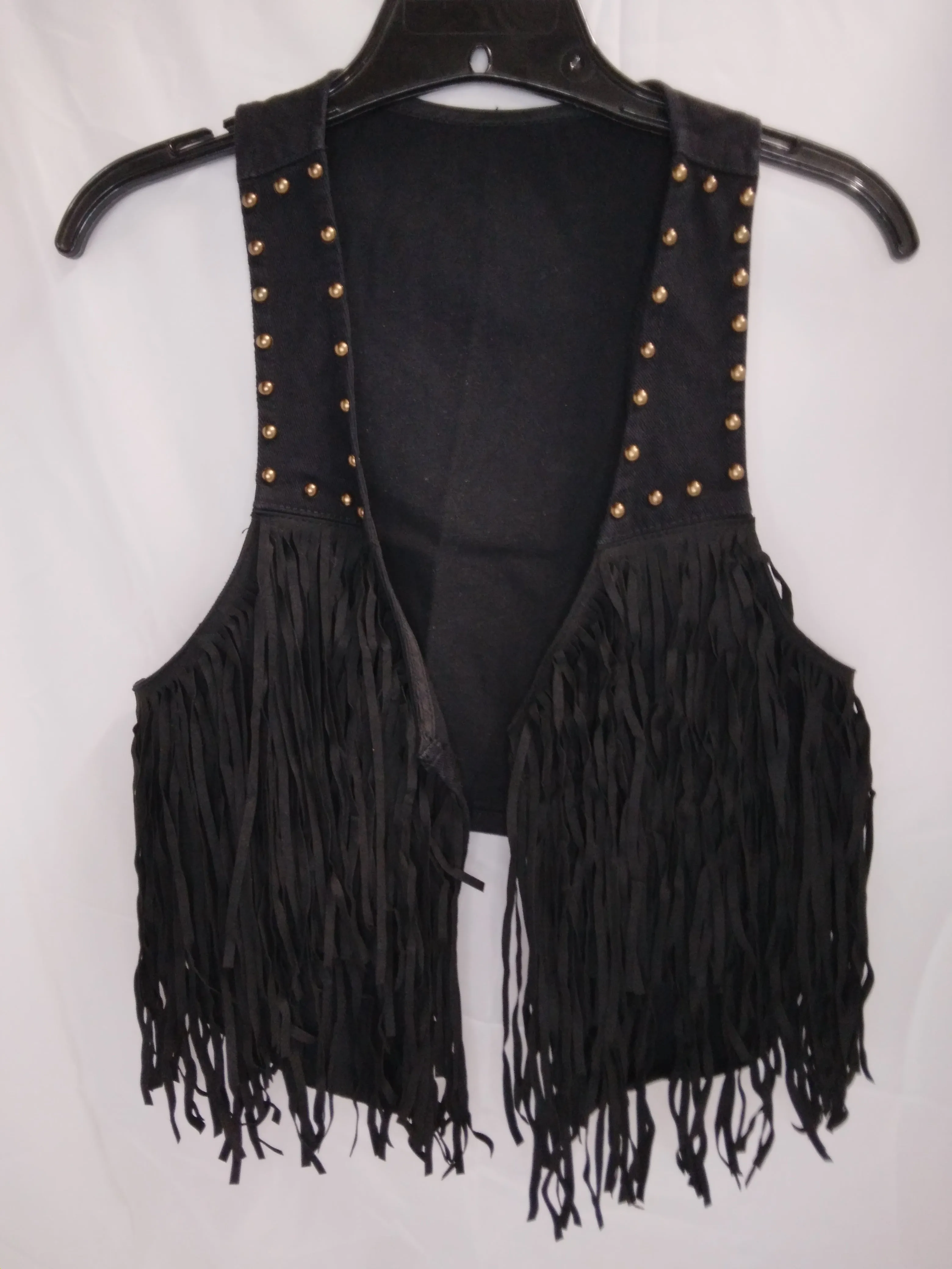 Women's Fringe Sleeveless Open Front Crop Denim Jacket Beaded Jean Vest Jackets