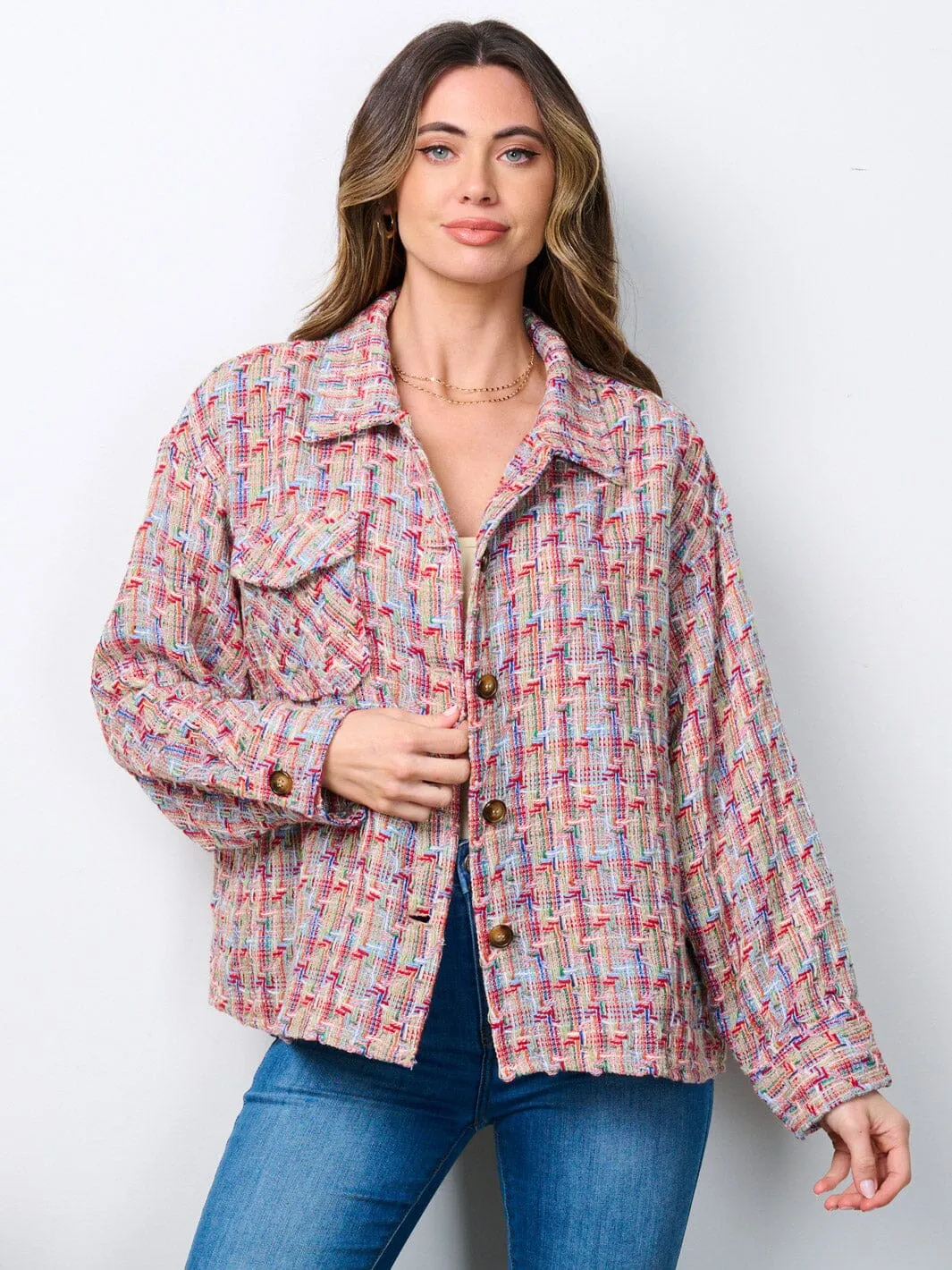 WOMEN'S LONG SLEEVE BUTTON CLOSURE MULTI TWEED JACKET