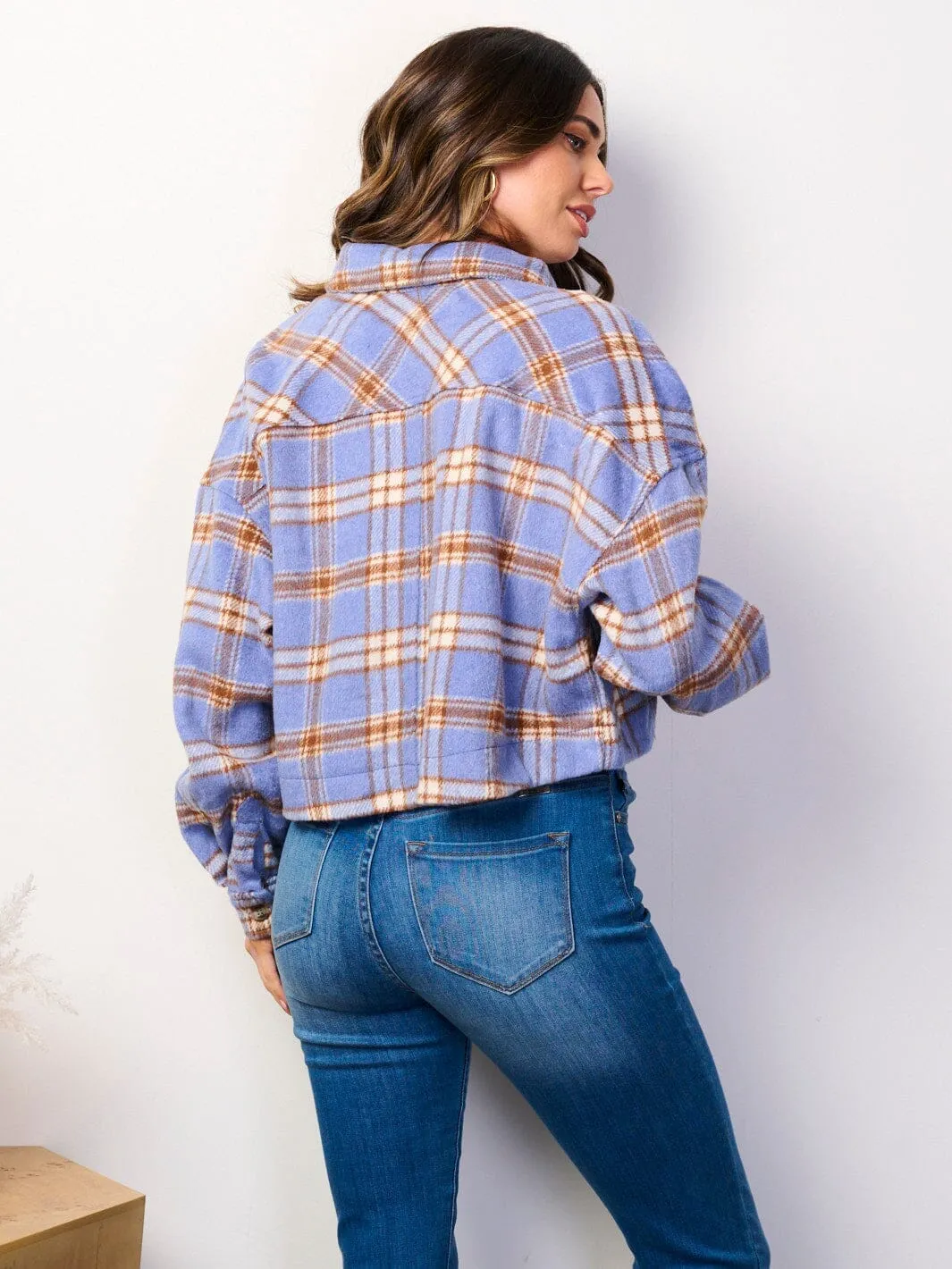 WOMEN'S LONG SLEEVE BUTTON CLOSURE POCKETS PLAID CROP JACKET