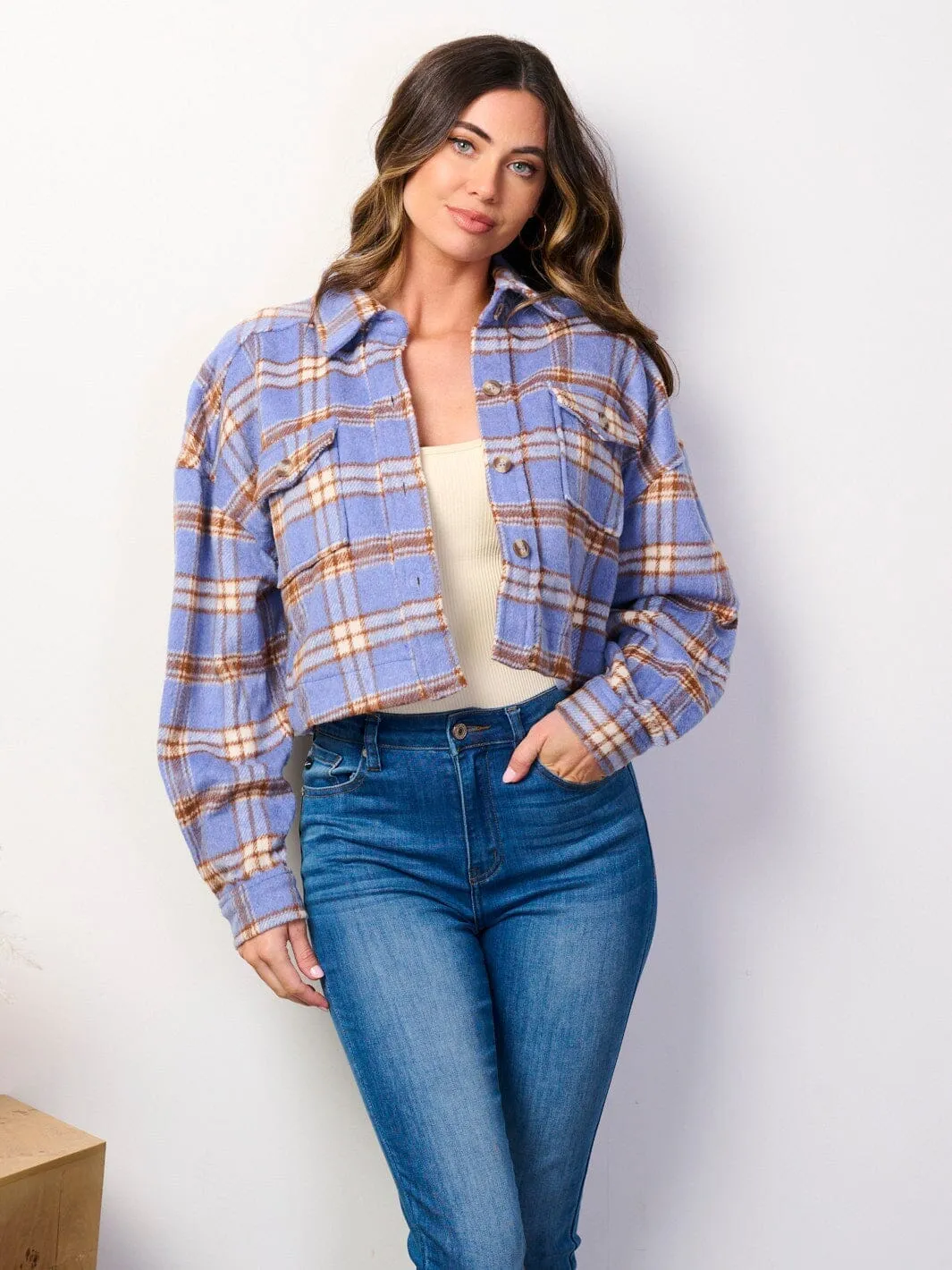 WOMEN'S LONG SLEEVE BUTTON CLOSURE POCKETS PLAID CROP JACKET