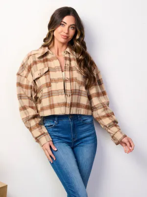 WOMEN'S LONG SLEEVE BUTTON CLOSURE POCKETS PLAID CROP JACKET