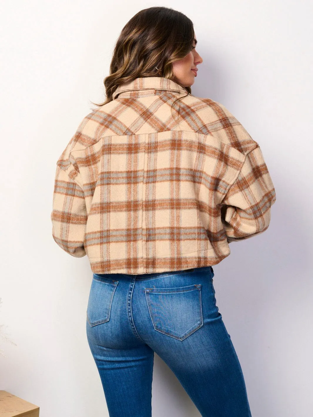WOMEN'S LONG SLEEVE BUTTON CLOSURE POCKETS PLAID CROP JACKET