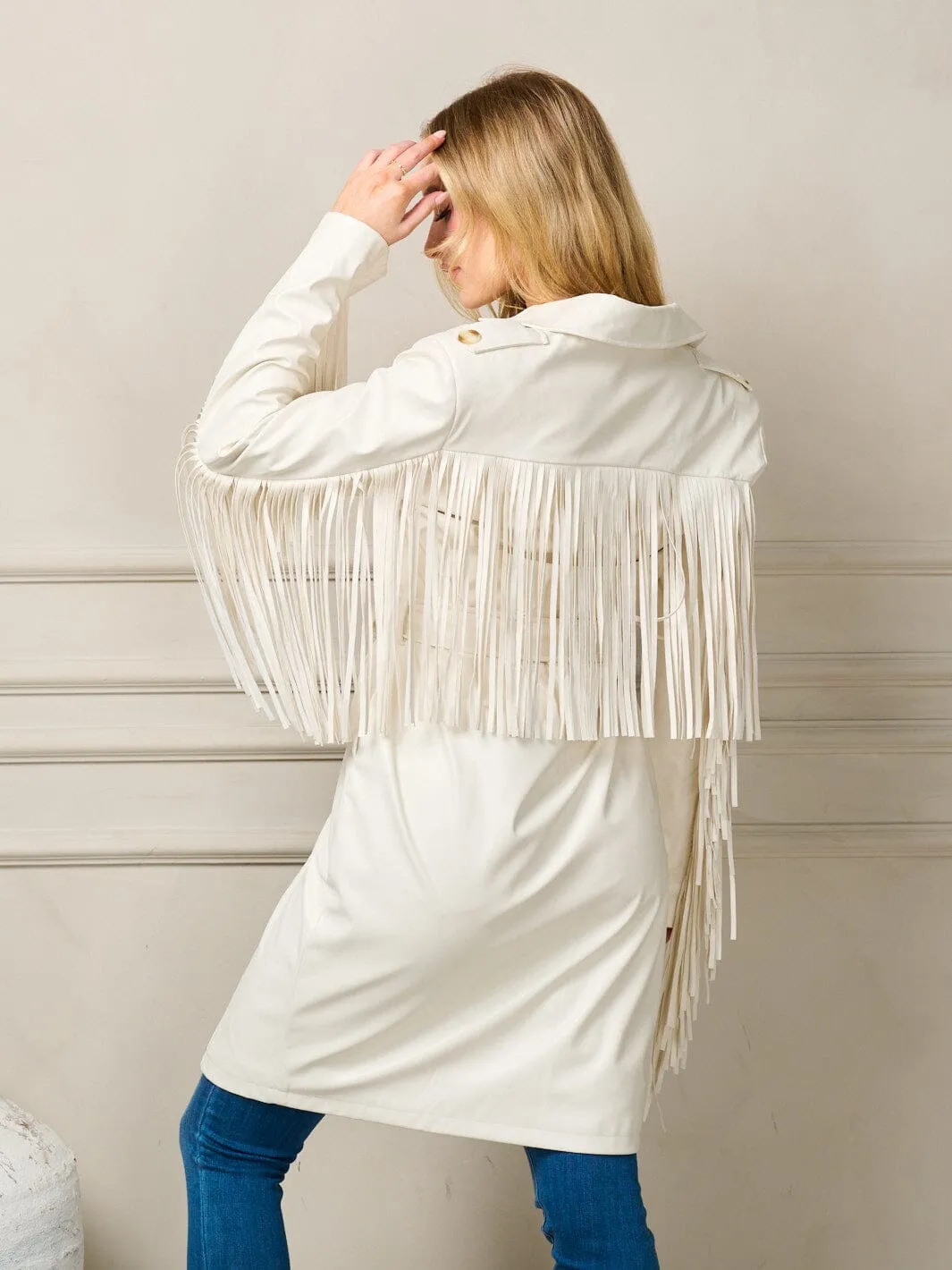WOMEN'S LONG SLEEVE BUTTON CLOSURE PU PLEATHER FRINGE JACKET
