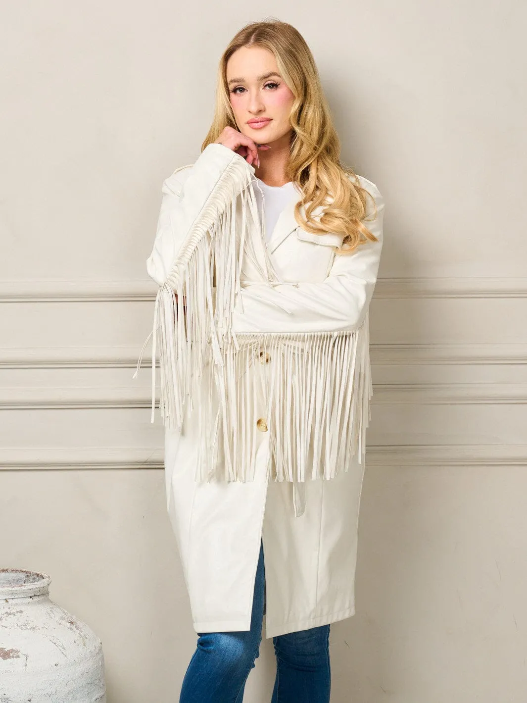 WOMEN'S LONG SLEEVE BUTTON CLOSURE PU PLEATHER FRINGE JACKET