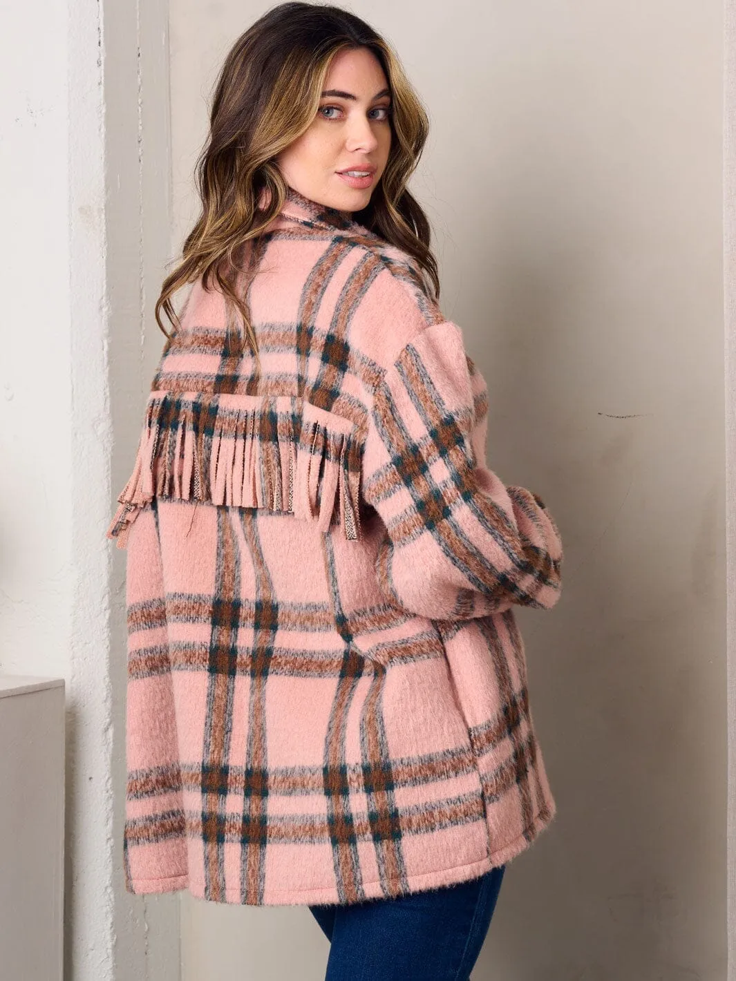 WOMEN'S LONG SLEEVE BUTTON UP FLEECE PLAID JACKET
