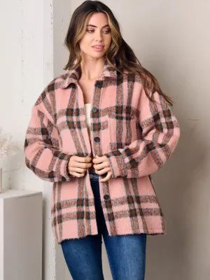 WOMEN'S LONG SLEEVE BUTTON UP FLEECE PLAID JACKET