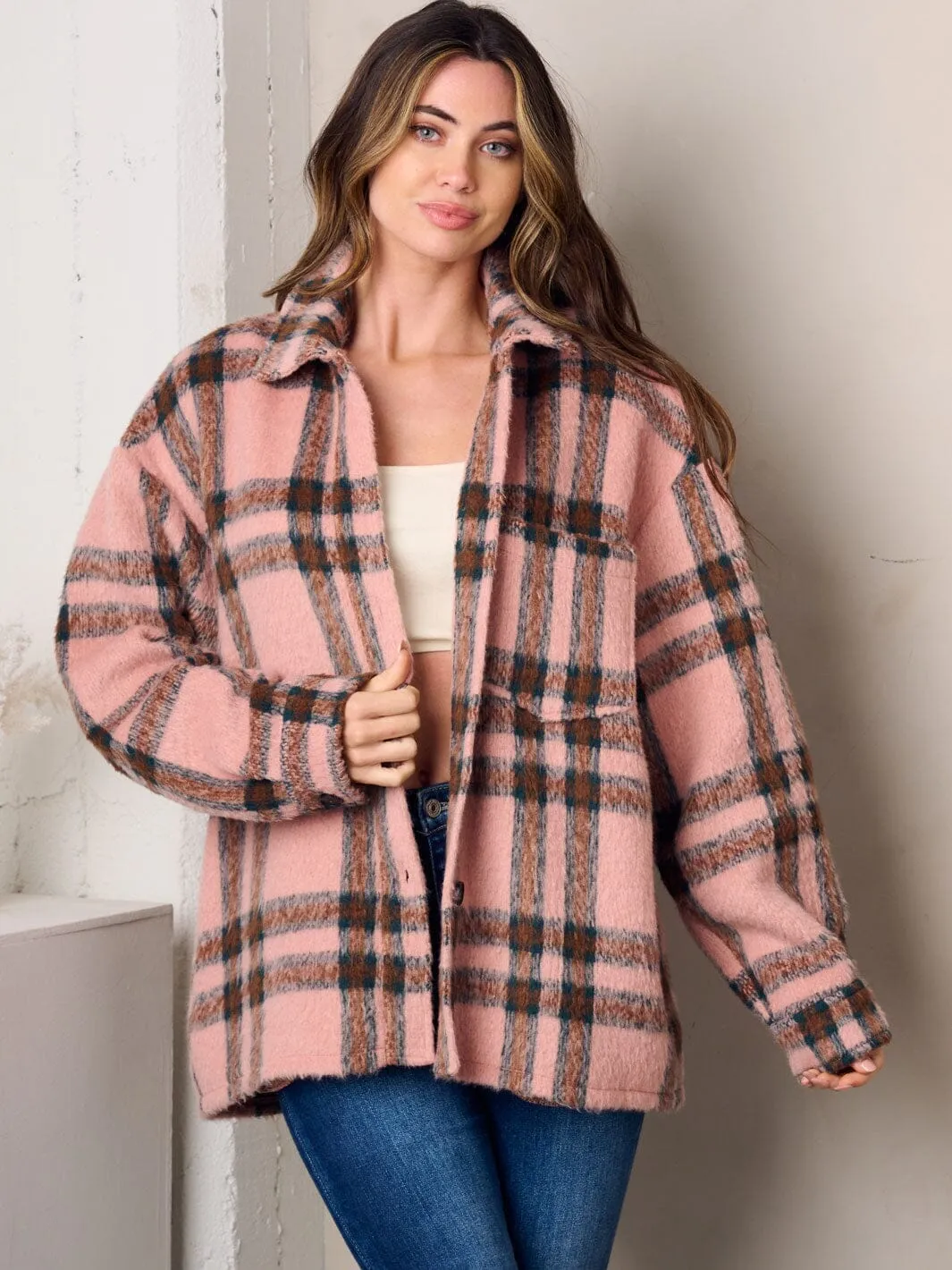 WOMEN'S LONG SLEEVE BUTTON UP FLEECE PLAID JACKET