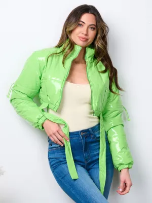 WOMEN'S LONG SLEEVE ZIP UP PU PLEATHER CROP JACKET