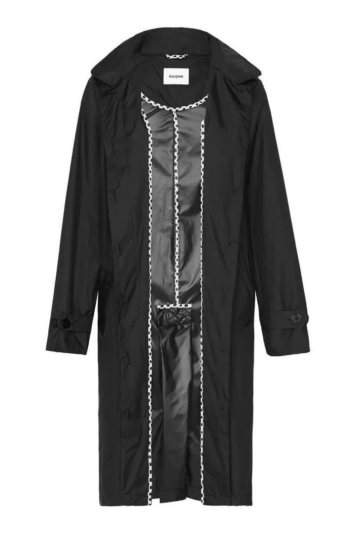 Women’s Packable Hooded Trench Rain Coat, Black, PAQME