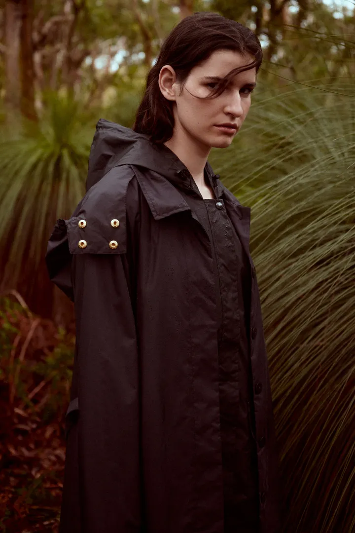 Women’s Packable Hooded Trench Rain Coat, Black, PAQME
