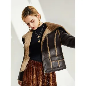 Women's Sheepskin Fur Leather Jacket In Coffee Brown With Oversized Collar