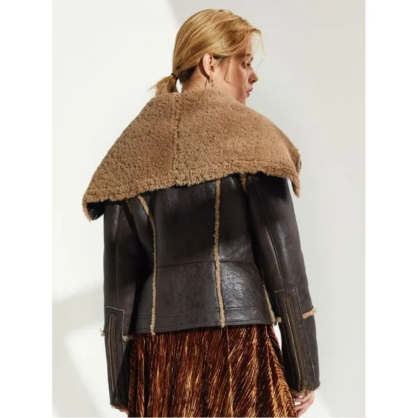 Women's Sheepskin Fur Leather Jacket In Coffee Brown With Oversized Collar
