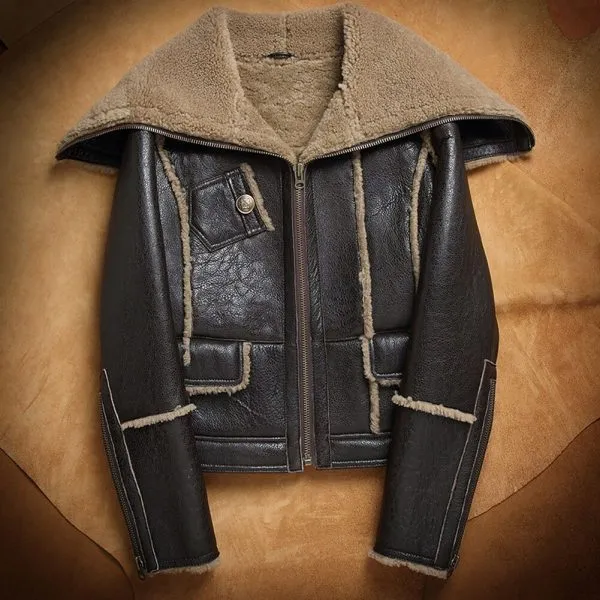 Women's Sheepskin Fur Leather Jacket In Coffee Brown With Oversized Collar