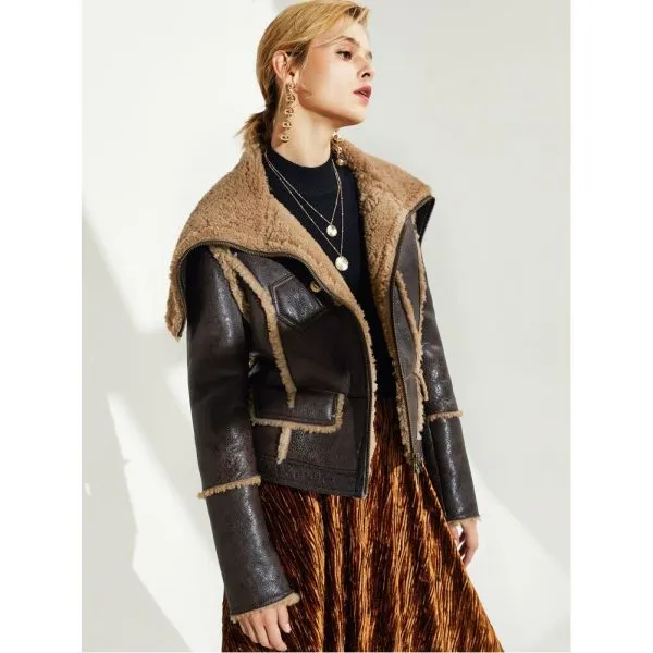 Women's Sheepskin Fur Leather Jacket In Coffee Brown With Oversized Collar