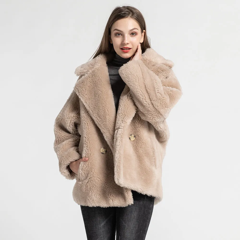 Women's Short Teddy Coat Real Wool Jacket Winter Warm Outwear Light Camel