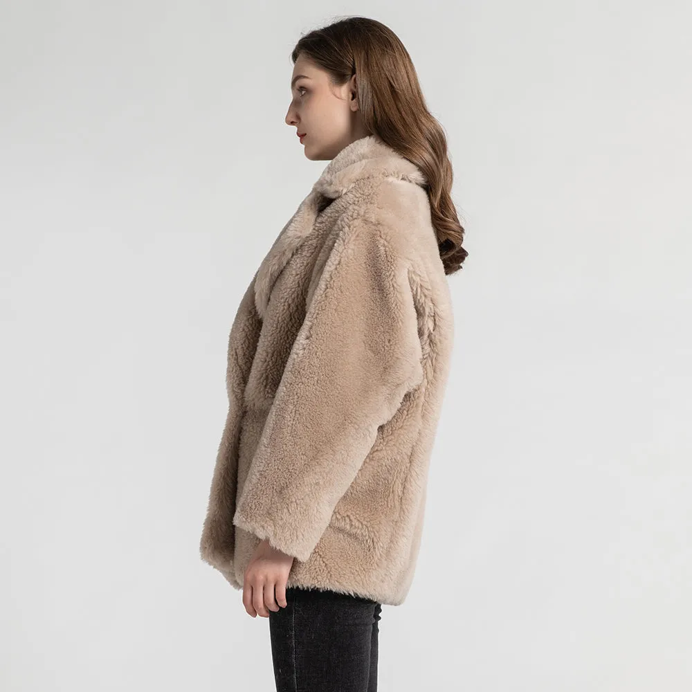 Women's Short Teddy Coat Real Wool Jacket Winter Warm Outwear Light Camel