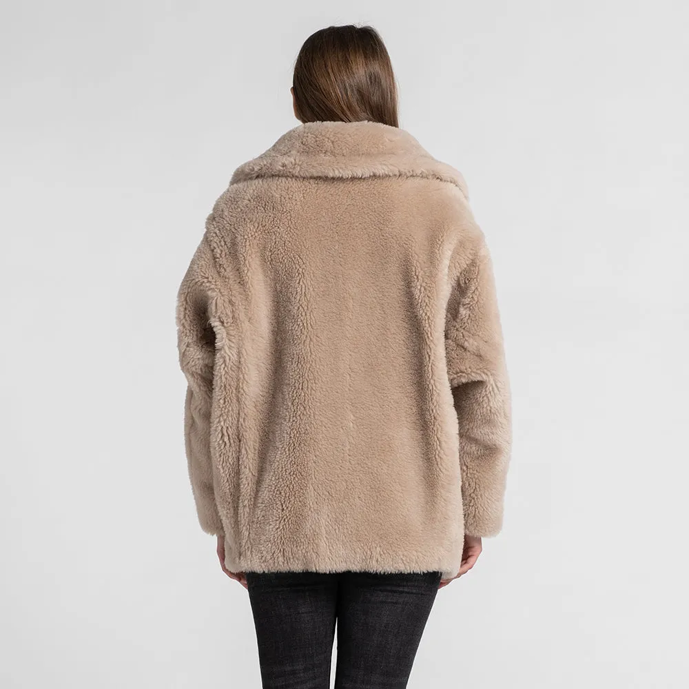 Women's Short Teddy Coat Real Wool Jacket Winter Warm Outwear Light Camel