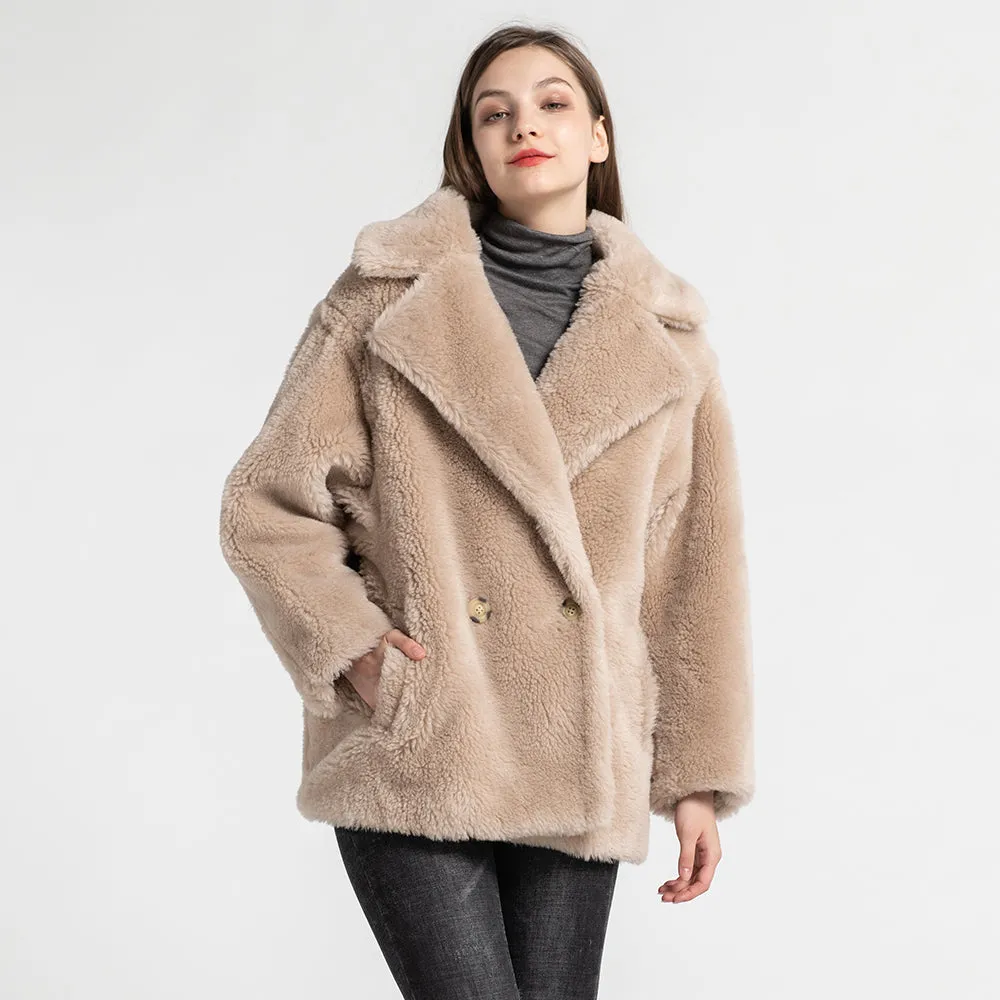 Women's Short Teddy Coat Real Wool Jacket Winter Warm Outwear Light Camel