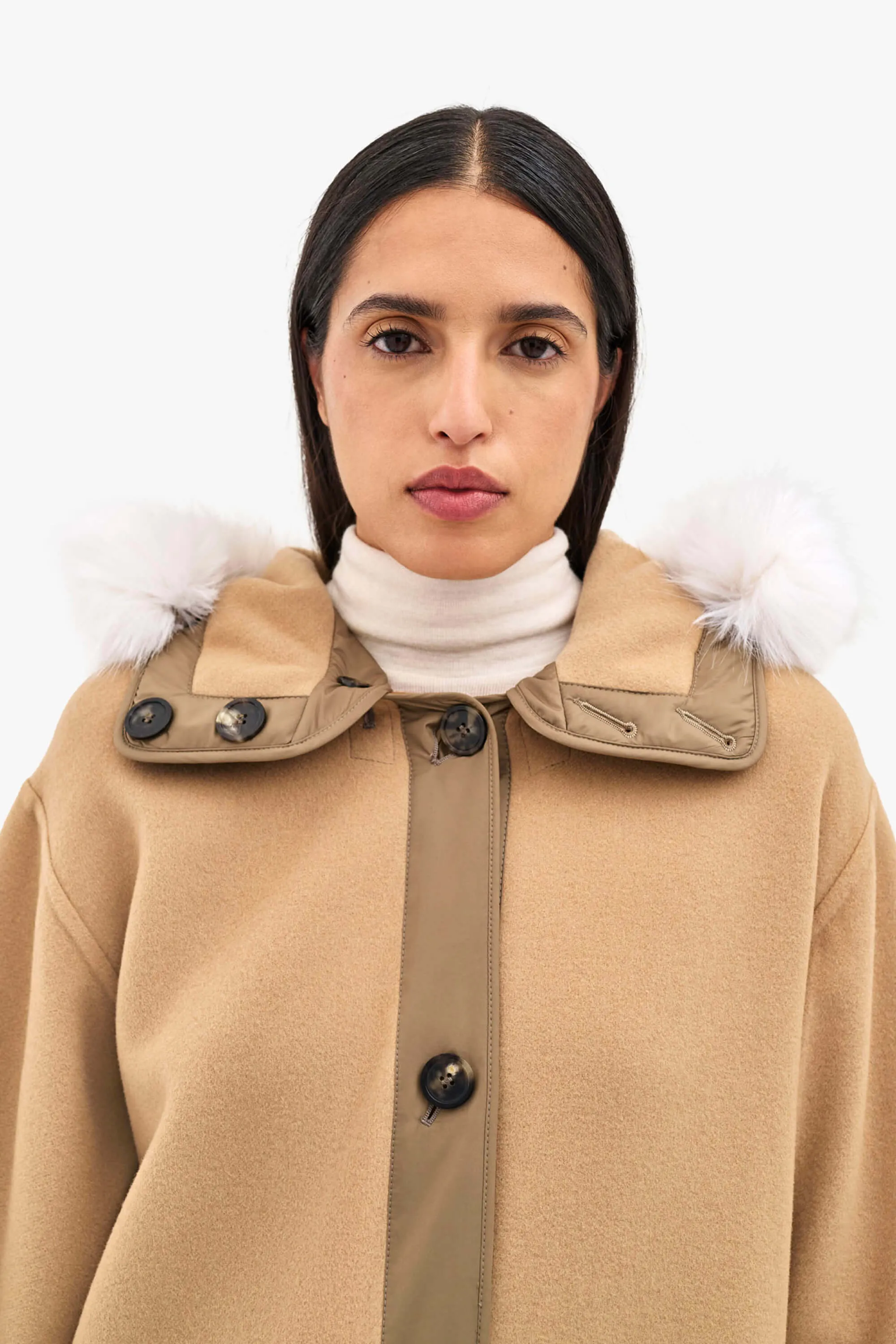 Wool Hood Faux Fur Trim - Camel / Bronze