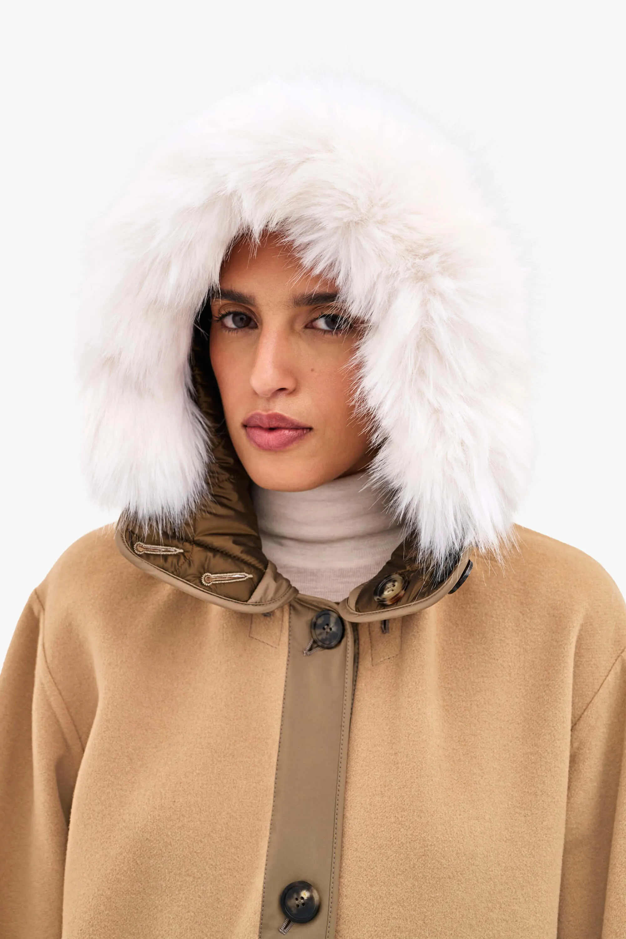Wool Hood Faux Fur Trim - Camel / Bronze